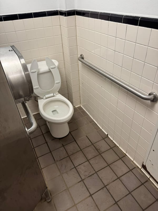 The interior of a Bluemont Park restroom lacking accessible features and maneuvering space