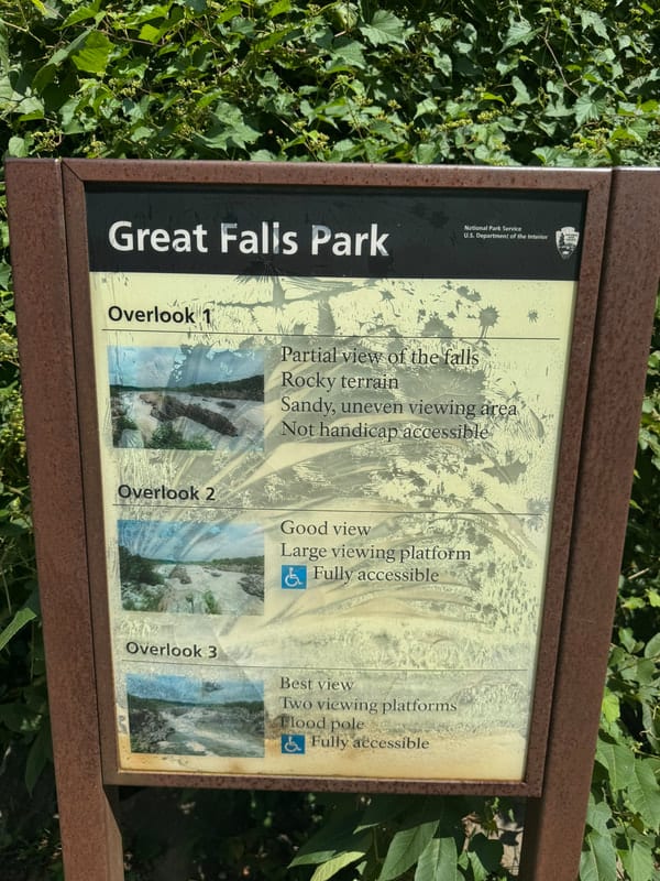 Clear directional signage along the trail at Great Falls National Park
