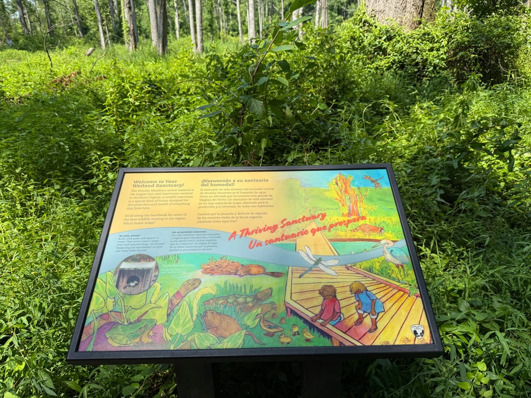 An informational park sign at accessible height at Huntley Meadows Park, without Braille