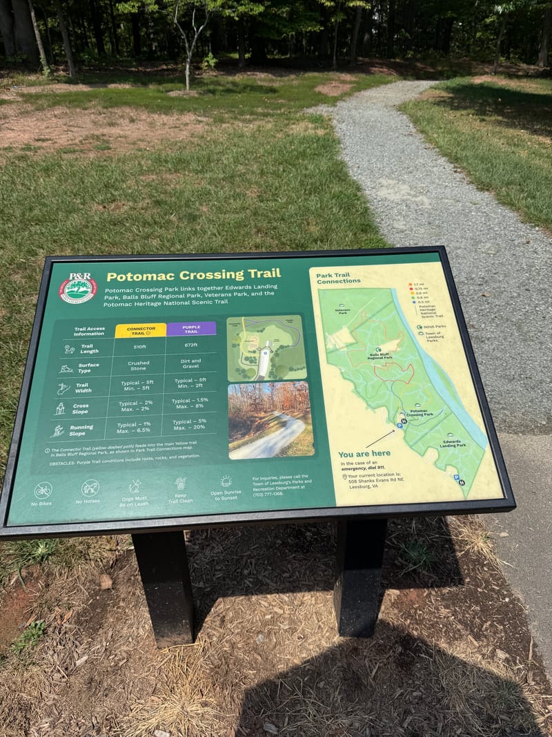 A wheelchair-height trail sign at Potomac Crossing Park listing slope and cross-slope percentages