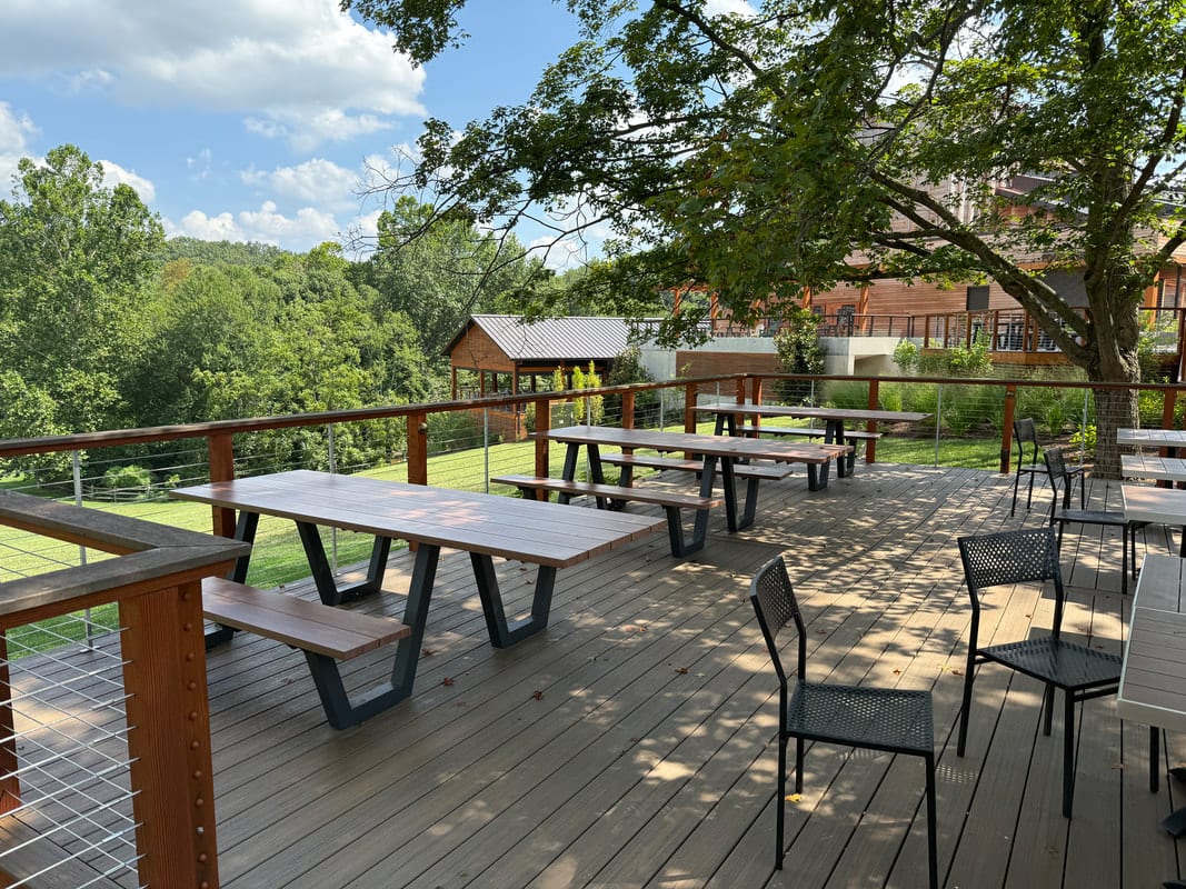 Accessible seating at the wooded amphitheater at the end of the trail at Wolf Trap National Park