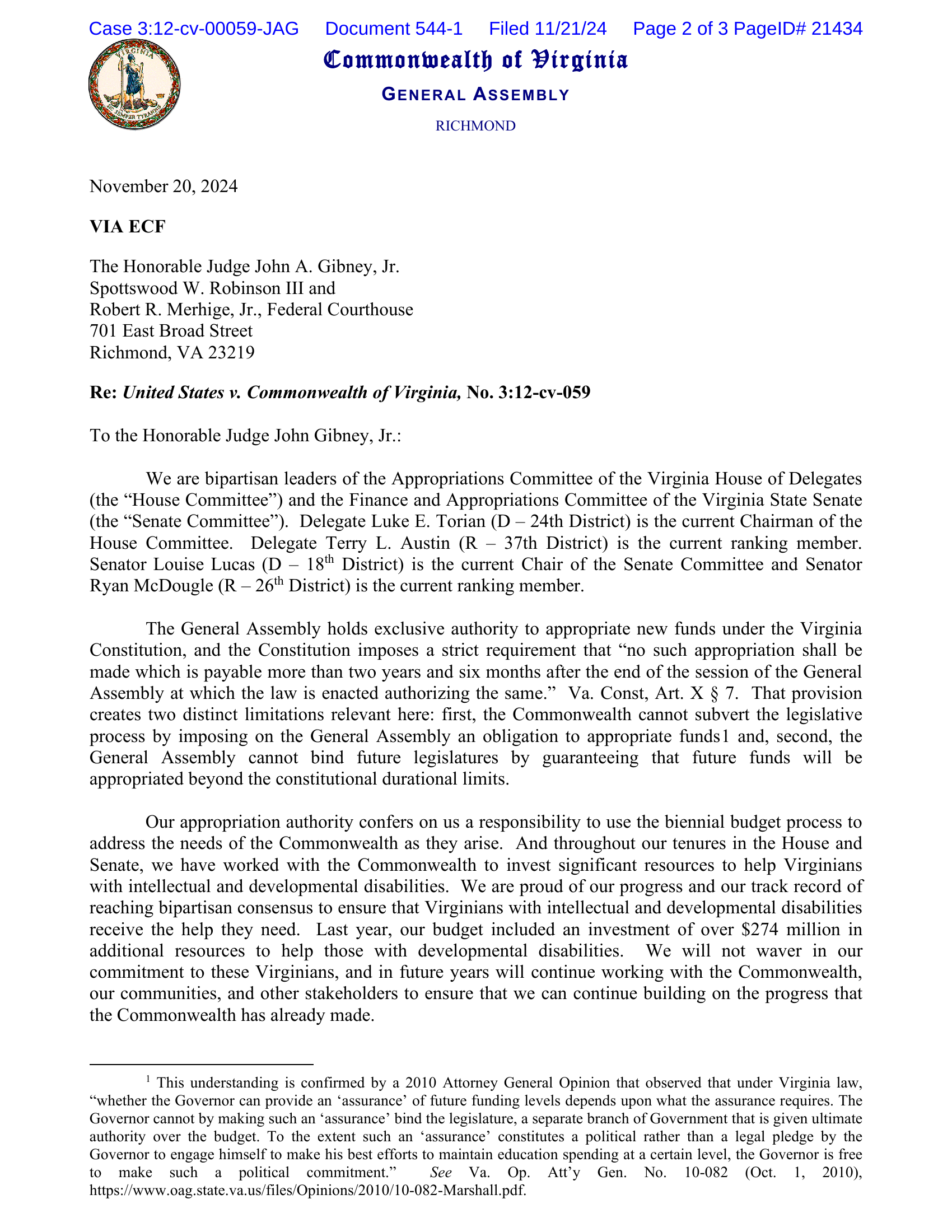 Virginia Legislature Leaders Letter