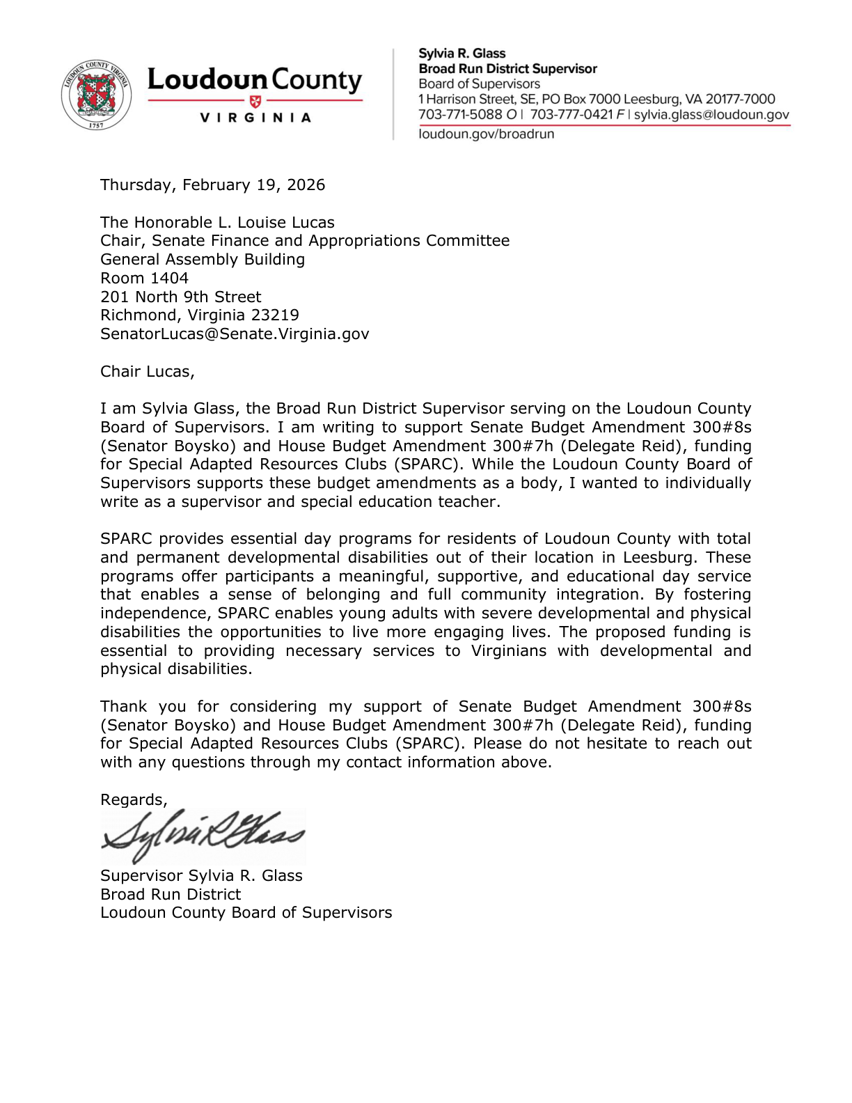 Supervisor Sylvia Glass Budget Amendment Support Letter