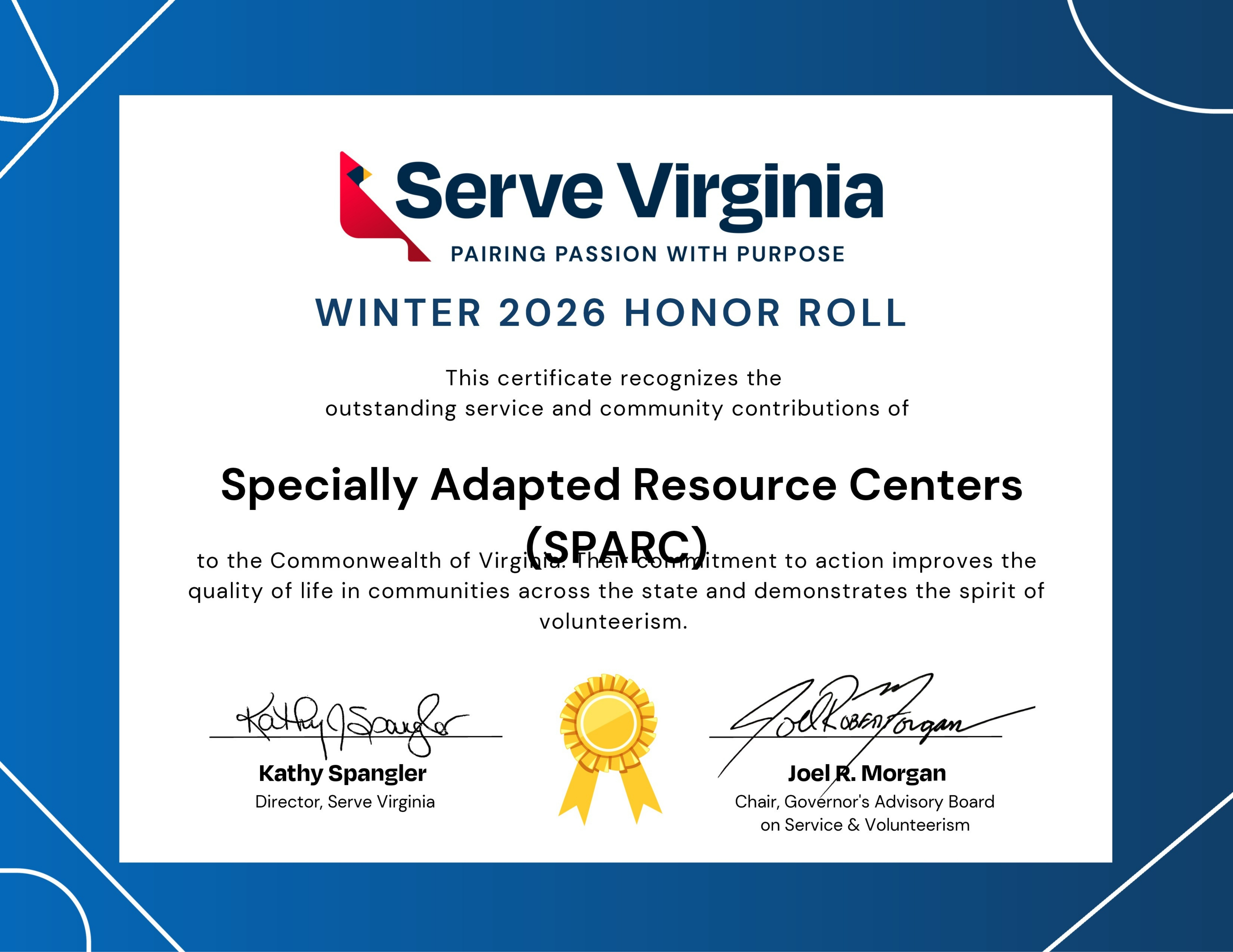 Serve Virginia Winter 2026 Honor Roll certificate recognizing Specially Adapted Resource Centers (SPARC)